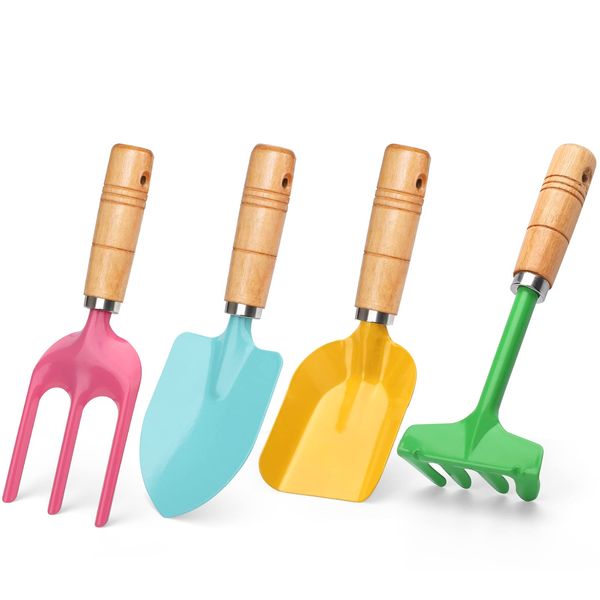 Beach Toy Scoop Sand Spade, Kids Small Garden Tool Set Toy, Rake, Spade, Hoe and Leaf Rake, Beach Shovels Spade Toy, Stainless Steel Sturdy Sandbox Kit Essential Beach Gear Accessories, 4 Pack