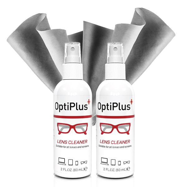 OptiPlus Lens Cleaning Spray and Premium Microfiber Cleaning Cloth | Streak-Free Cleaner Spray for Glasses, Laptops Screens, Smart Phones, Optical Lens, Goggles, and Watch Screen l 4oz