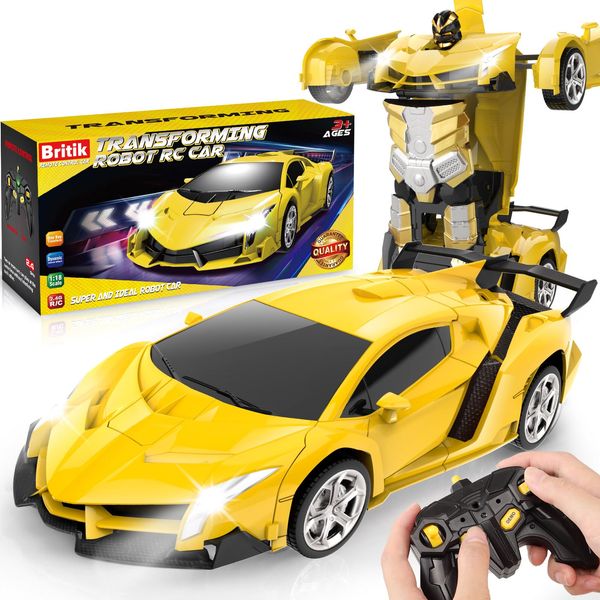 Britik Toys for Kids 3-8 Year Old: Transforming Remote Control Car Toys Gifts for Boys Age 3 4 5 6 7 8 Birthday Presents Toy for Toddler Transformable 2 in 1 Robot RC Car Toy 360° Rotating-Yellow