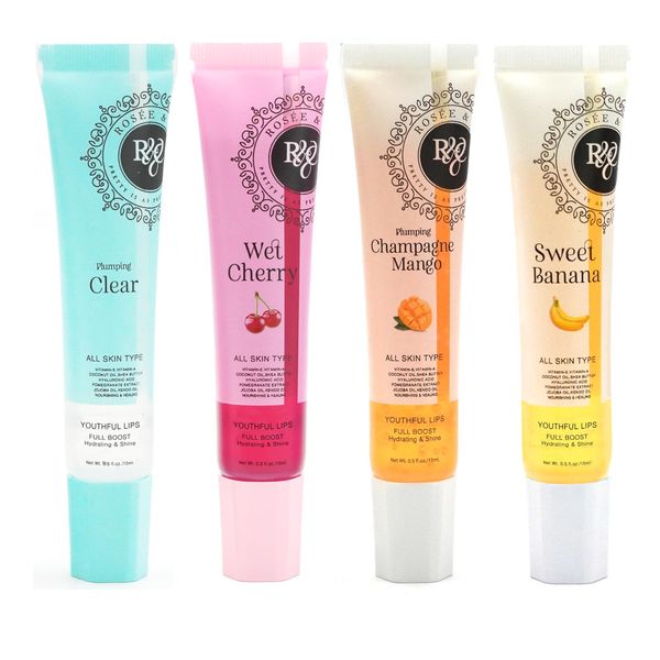 ROSÉE & CO Rosee Lip Gloss Vegan & Cruelty Free Treatment, Long Lasting Glossy with Shea Butter, Moisturize, Protect & Smooth - Set of 4 [Clear (P), Wet Cherry, Champagne Mango (P), Sweet Banana]