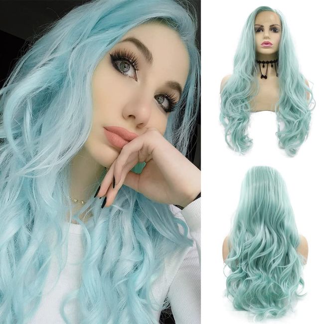 AFBeauty Mint Green Lace Front Wig Long Loose wavy Green Middle Part Wig Synthetic Natural Hairline Wig Heat Resistant Soft Wigs for Women Cosplay Party