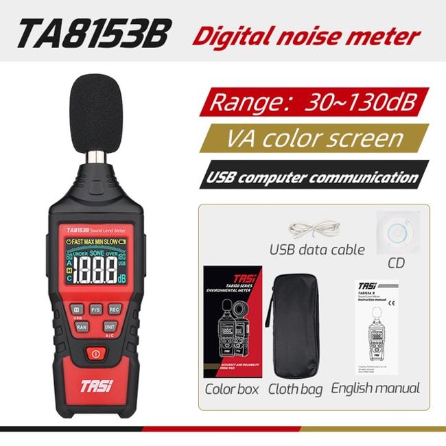 Decibel Meter Noise Meter TASI Digital Sound Level Meter Measuring Instrument db Logger 30130dB Environment Tester LCD Color Screen TA652A, TA8153B USBA C