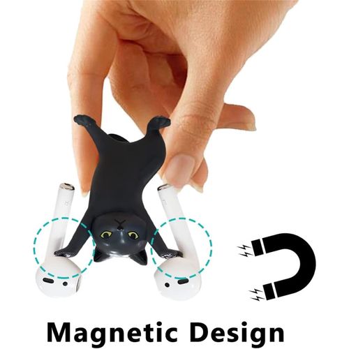 Cute Stuff Home Decor Fun Kitty Decoration for Desk Shelf Magnetic Dance Cat Airpod Holder Headphone Earbuds Holder for Apple AirPods 1& 2 3 Pro, Unique Birthday Bday Gifts Ideas (Black)