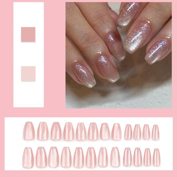 False Nails With Glue, 24pcs French Tip False Nails, Glitter Pink Press On Nails Removable Glue-On Nails Fake Nails Women Girls Nail Art Accessories