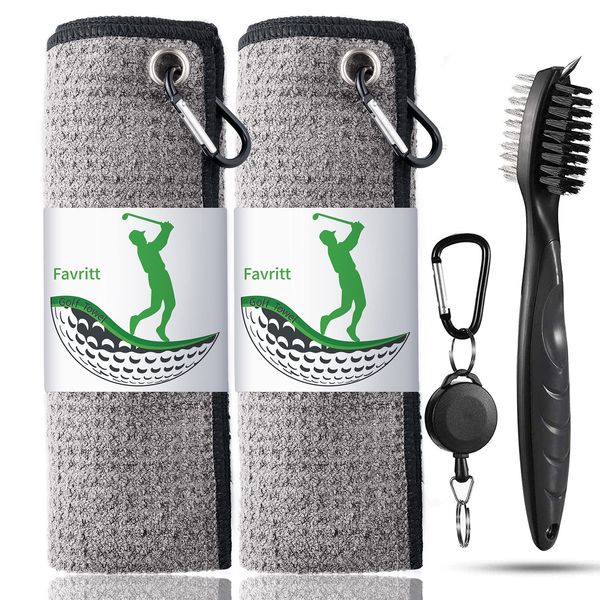 Favritt Golf Towel for Golf Bag with Clip and Accessories Set Golf Cleaning Brush Golf Club Cleaner Golf Gift for Men, Women, Children