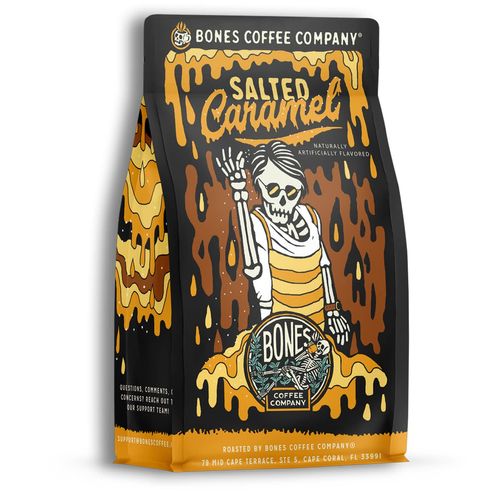 Bones Coffee Company Salted Caramel Flavored Coffee Beans, Medium Roast Ground Coffee Low Acid, Salted Caramel Flavor (12 oz)