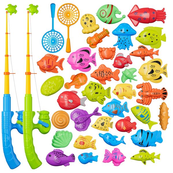 Magnetic Fishing Pool Toys Game for Kids Toddlers, Water Table Bathtub Toy with Pole Rod Net Plastic Floating Fish, Water Bath Pool Outdoor Toys for Kids Toddlers Baby Age 3 4 5 6 Year Old