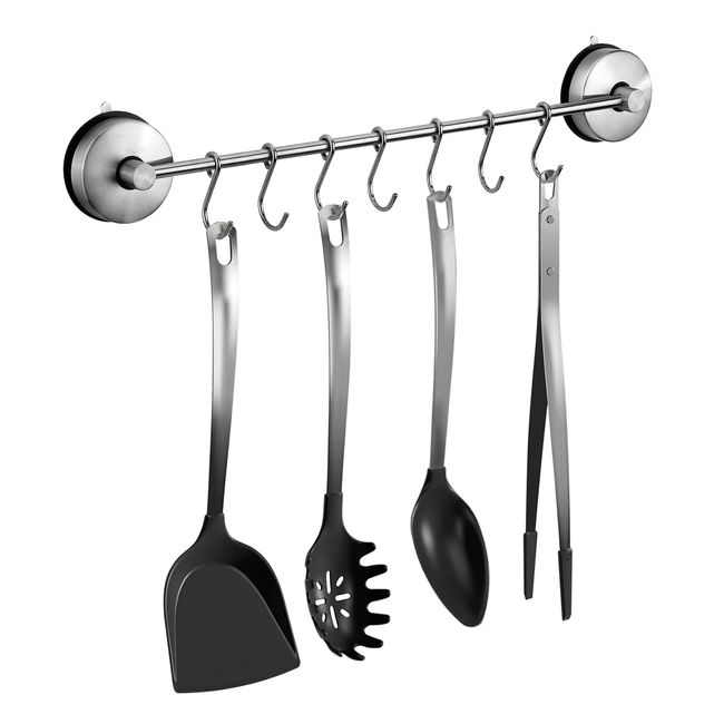 Poyway Kitchen Tool Hooks, Stainless Steel, Super Strong Suction Cup with 7 Movable Hooks, Bathroom & Kitchen Storage