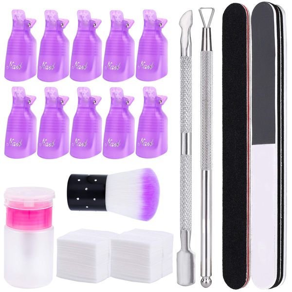 Nail Polish Remover Tools Set with 1 Pack of Wipe Cotton Pads, 10 Nail Clips, 60ml Empty Bottle, 1 Nail Brush, 1 Cuticle Pusher, 1 Cuticle Peeler, 1 Nail File and 1 Buffer Block for Nail Arts