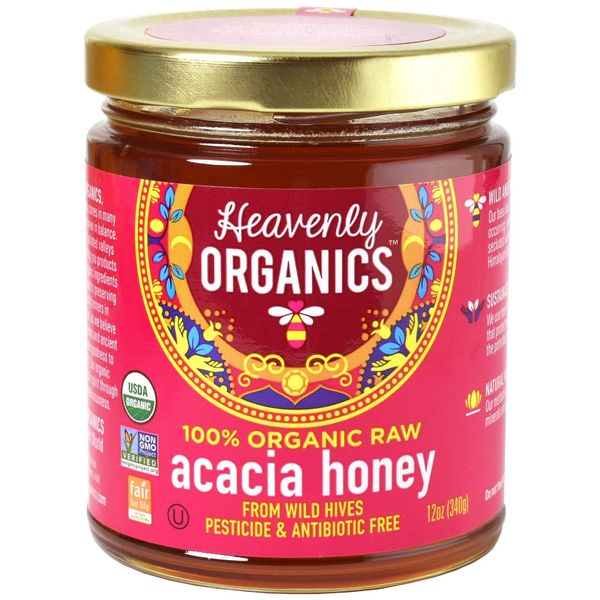 Heavenly Organics 100% Organic Raw Acacia Honey (12oz) Lightly Filtered to Preserve Vitamins, Minerals and Enzymes, Made from Wild Beehives & Free Range Bees; Dairy, Nut, Gluten Free Kosher