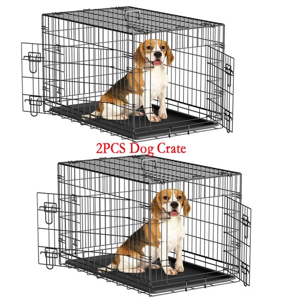 2PCS Folding Metal Pet Cage 1-2 Door Indoor Outdoor Black 36" Dog Crate Kennel