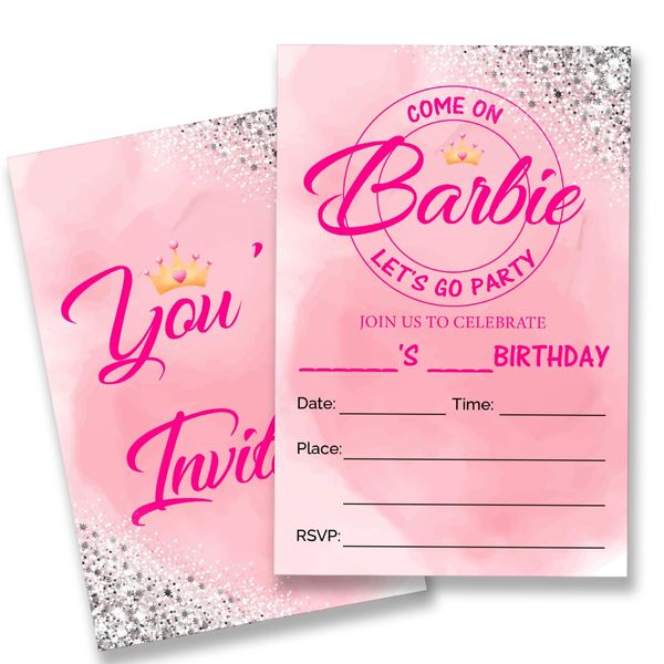 QZJ Pink Girl Birthday Party Invitations Supplies with Envelopes Set of 20 Pink Girls Birthday Party Invites Fill in Blank, Double Sided