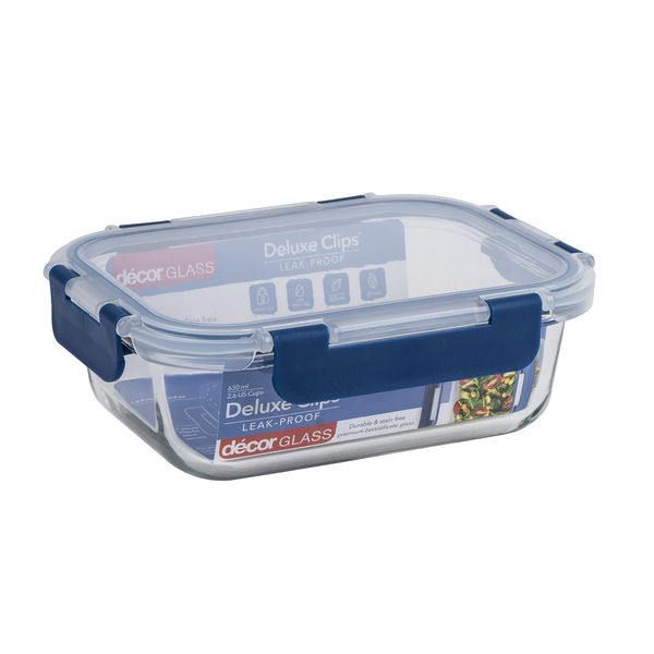 Décor Deluxe Clips Glass Food Storage Container with Split Compartments, BPA-Free Airtight & Leakproof Lid Storage Container, Dishwasher, Freezer & Microwave Safe, Odour Resistant Glass Jar, 630ml