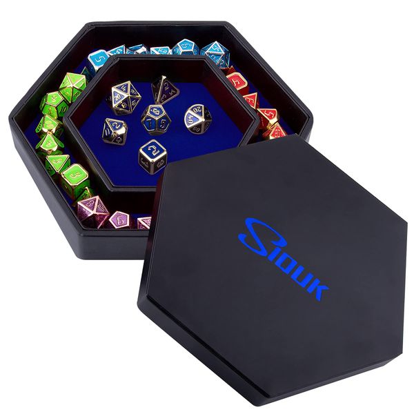 SIQUK Dice Tray with Lid Hexagon Dice Holder Dice Rolling Tray for DND RPG Dice Games and Other Table Games, Blue