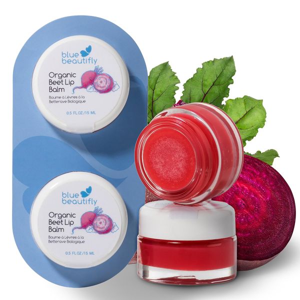 Blue Beautifly Organic Beet Lip Balm | Hydrates and Moisturizes Chapped & Dry Lips | USDA Certified Organic | Tinted Lip Gloss with Peppermint Oil | Rich in Vitamin E & Jojoba Oil | 0.5 fl oz X 2 Pack