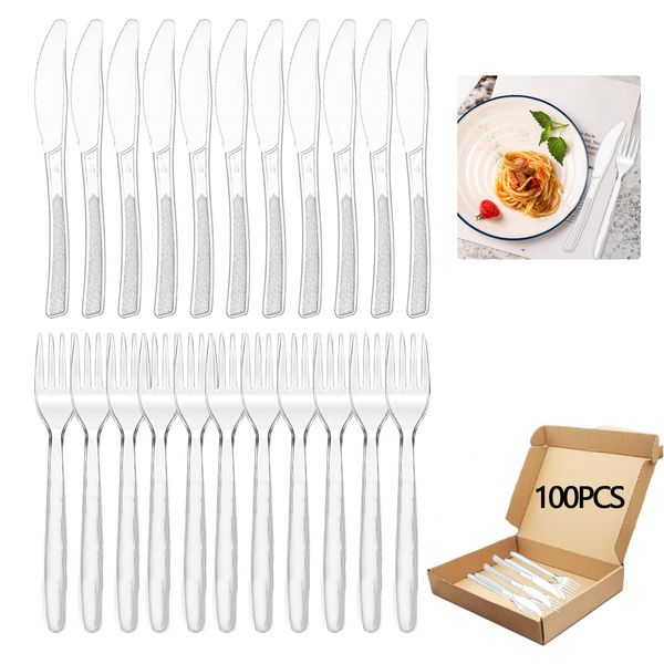 Plastic Cutlery Set, 50 Plastic Cutlery Forks and 50 Plastic Knives, Robust Plastic Fork Knife, Party Cutlery Plastic for Family Celebrations, Outdoor Dinner (Transparent)