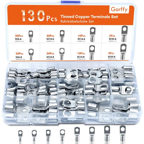 Gorffy Wire Terminal Connectors 130 Pcs, Battery Terminals Connectors Tinned Copper, Cable Ends Lugs Bolt Hole, Crimp Terminals Ring Connectors for Electric, Auto