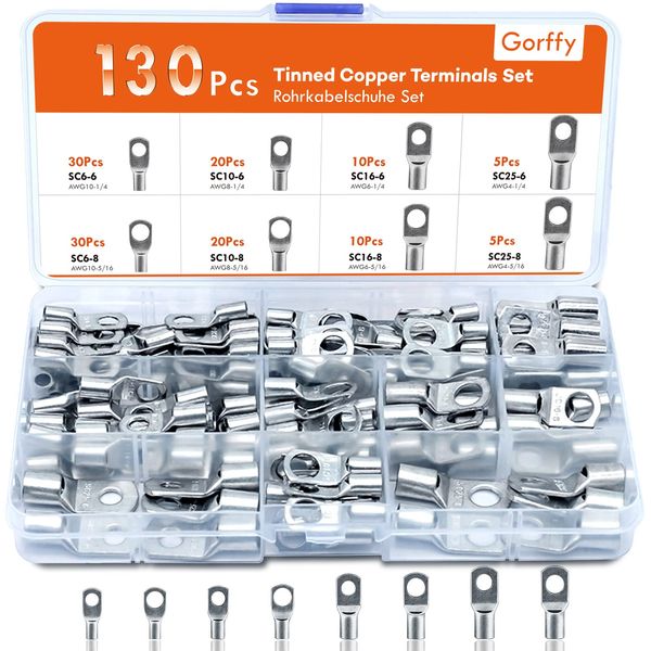 Gorffy Wire Terminal Connectors 130 Pcs, Battery Terminals Connectors Tinned Copper, Cable Ends Lugs Bolt Hole, Crimp Terminals Ring Connectors for Electric, Auto