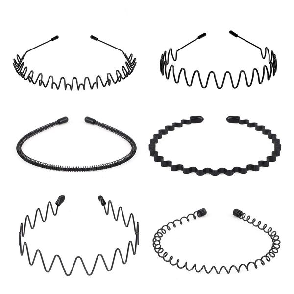 fenshine 6PCS Metal Hair Bands, Spring Wavy Hoop Unisex Black Headband Slicked Back Non Slip Sports Hairband for Women Men