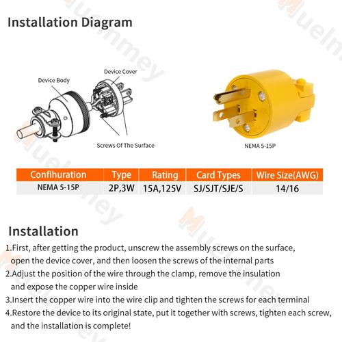 Muelnmey 1PCS Extension Cord End Electrical Replacement Plug NEMA 5-15P 15A 125V 2Pole 3Wire Yellow Shell Industrial Grade 3-Prong Male Straight Blade Grounding Type,UL Listed.