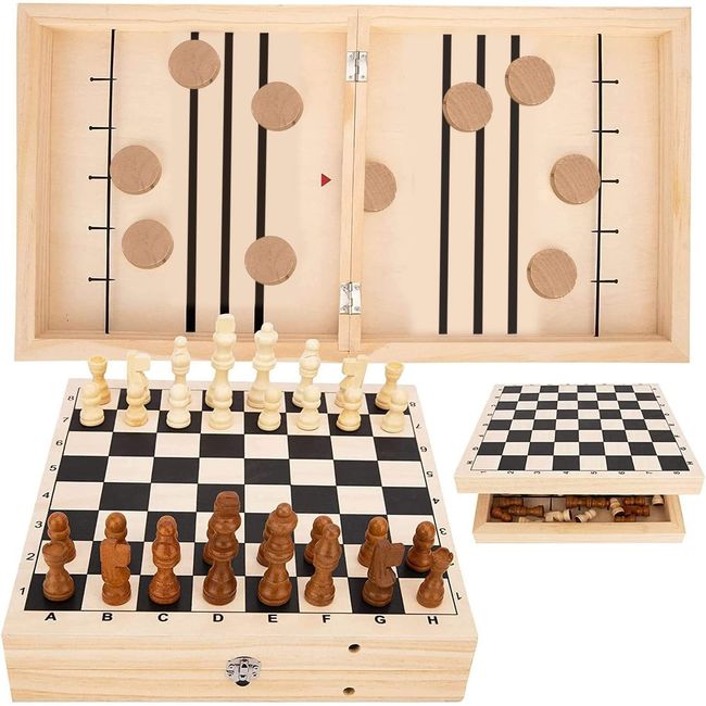 Sling Puck Game, Chess Game Set, Fast Sling Puck Game with Chess Game, 2 in 1 Board Game Set, Large Size 22.7 in x 12.5 in, Wooden Hockey Table Game