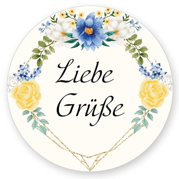 50 Aufkleber LIEBE GRÜßE - Blumenmotiv Rund Ø 4,5 cm, Besondere Anlässe Grüße, Motiv-Sticker