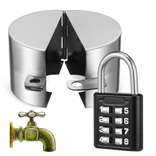Outdoor Faucet Lock with Padlock, Stainless Steel Hose Bib Lock, Winter Spigot Protector, Garden Hose Lock, Easy Install, Anti-Theft, Anti-Freeze, Silver