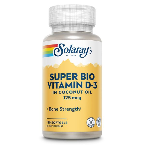 SOLARAY Super Bio Vitamin D3 in Coconut Oil - D3 Vitamin 5000 IU - Bone Health and Immune Support Supplement - Lab Verified, Made Wtihout Soy, 60-Day Guarantee - 120 Softgels, 120 Servings