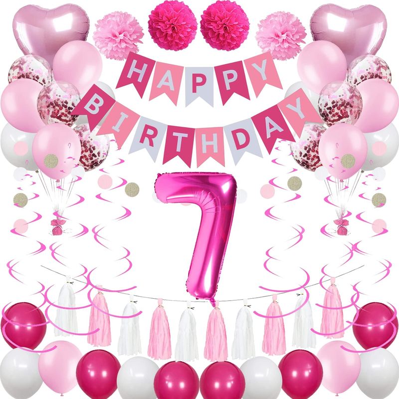 Sweet 7th Birthday Decorations for Girls, Pink and White 7 Happy ...