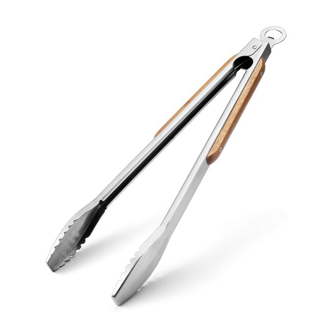 Wood-Handled Grill Tongs, 19.5"/50cm Extra Long BBQ Tongs, Heavy Duty Premium Stainless Steel Metal Tongs with Solid Wood Handles, for Charcoal, Grilling, BBQ, Barbecue, Cooking