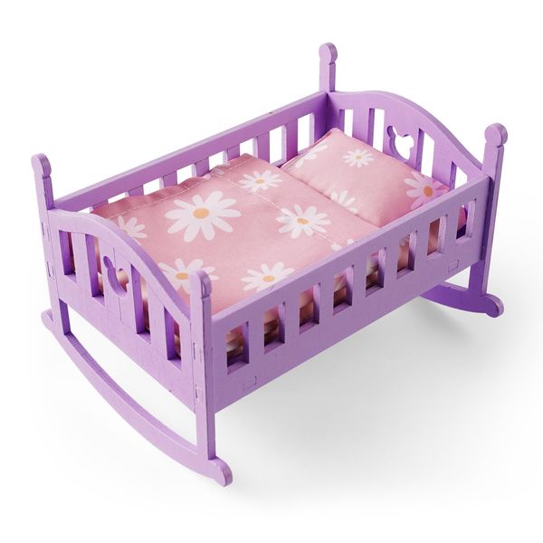 BABESIDE 4 Pcs Baby Doll Crib Set for 4-6 Inch Mini Baby Dolls, Wooden Baby Doll Bed Doll Furniture with Doll Bedding Set, Baby Doll Cradle for Kids Pretend Play Toys, Purple