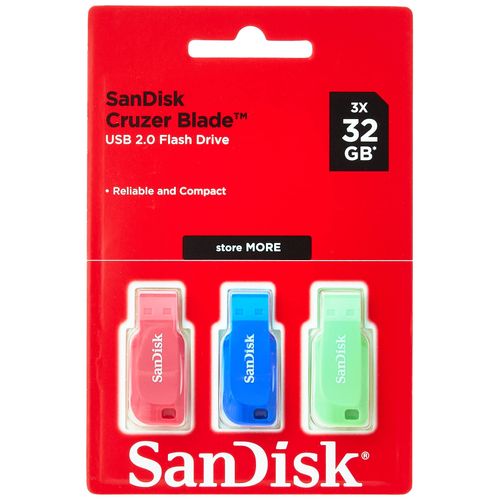 SanDisk 32GB Cruzer Blade USB Flash Drive 3 Pack Blue/Pink/Green