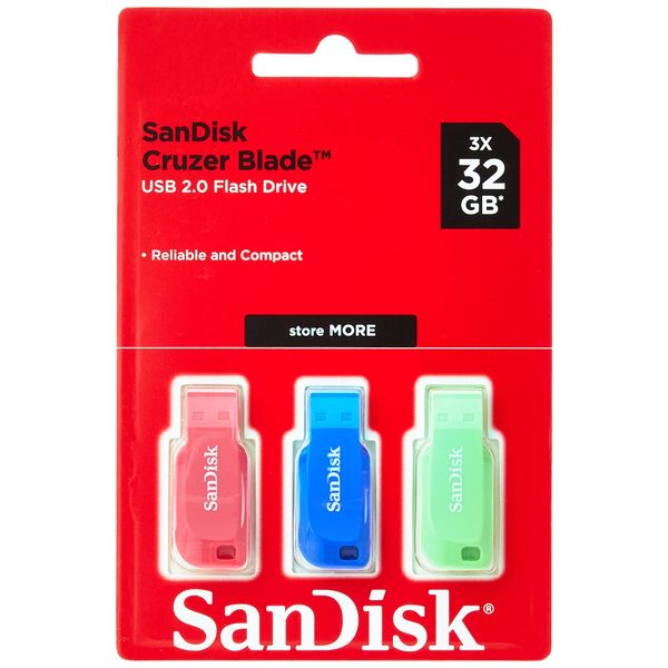 SanDisk 32GB Cruzer Blade USB Flash Drive , Blue/Pink/Green, 3count(Pack of 1)