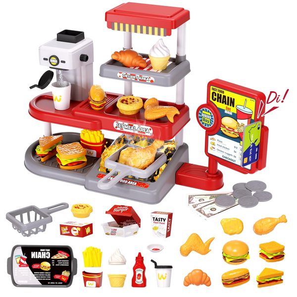 71pcs Pretend Play Fast Food Toys, Fake Food Sets with Cash Register Toys, Water Dispenser, Hamburger Sandwich Fried Chicken Egg Tart Play Money Food Toys Gift for Ages 3+ Boys Girls (Red)