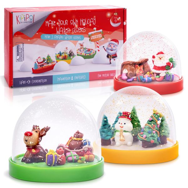 KipiPol Make Your Own Holiday Water Globe Kit – 3X DIY Snow Globe Making Kit w/ 3 Figures, 10 Packs of Modeling Clay for Sculpting, Crafts for Girls Ages 4-6, Arts and Crafts for Kids Ages 4-6-8-12