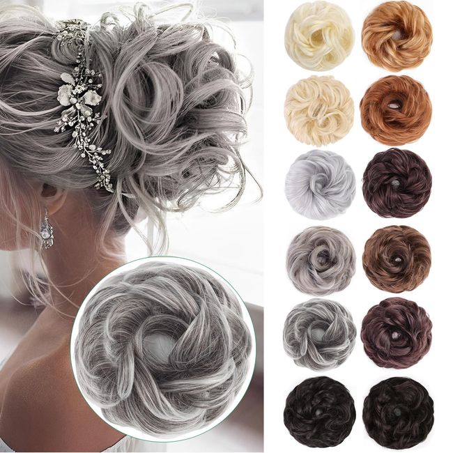 EMMOR Messy Hair Bun Hair Wavy Curly Scrunchies Ponytail Extension Synthetic Extension Chignon for Women Updo Daily 1PCS(Gray and White Tips)