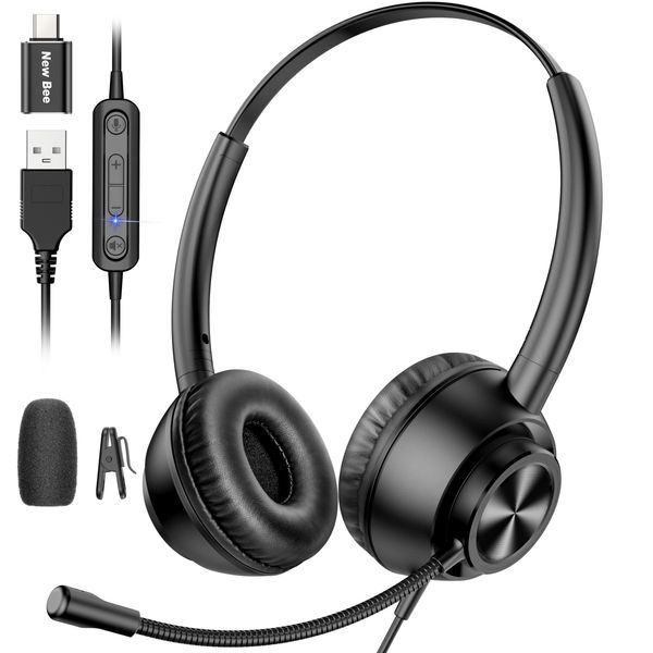 New bee USB Headset with Microphone, Headphones with Microphone,PC Headset with USB-A & USB-C, for Call Center/Telephone Conferencing/Skype Chat/Online Courses