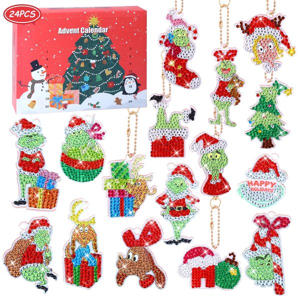 Diamond Art Painting Kits Advent Calendar 2024 24 Days Diamond Art Painting Keychain Red Green DIY Diamond Art Painting Kits Christmas Countdown Calendar DIY Art Crafts for Holiday Gifts