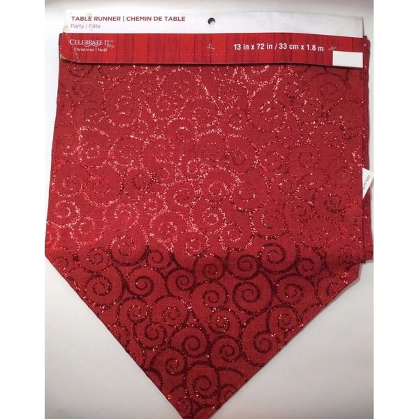Celebrate It Christmas Table Runner, 13" x 72", Glittery Red - NEW