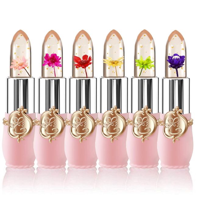 6 Packs Flower Jelly Lippenstift Set Magic Temperature Farbwechsel Lippenbalsam Langanhaltende Feuchtigkeitscreme Aloe Vera Flower Jelly Lippenstift Makeup Set (6 PCS SetA)