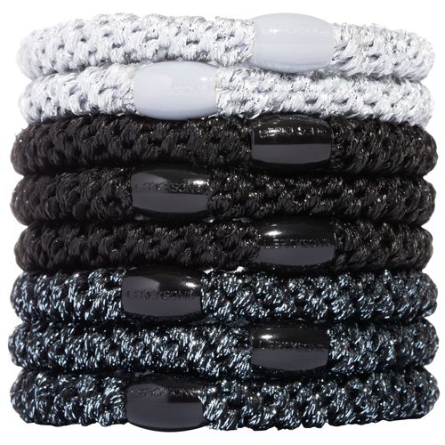 Black & Silver Hair Ties for Thick Hair, Grab & Go Ponytail Holders, 8 Pack, Grey Metallic, Thick No-Crease Bands with Strong Hold, Damage-Free Design, Lightweight and Stylish Fit | L. Erickson
