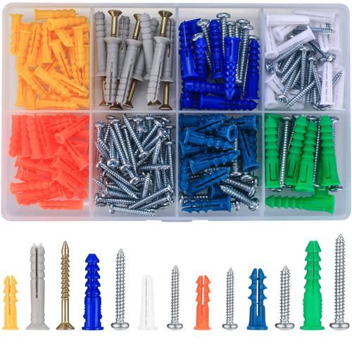 210 Pcs Self Drilling Drywall Screws and Ribbed Anchors Plugs Assortment Kit, Screws and Wall Plugs Set, Plasterboard Wall Anchors Plugs and Screws