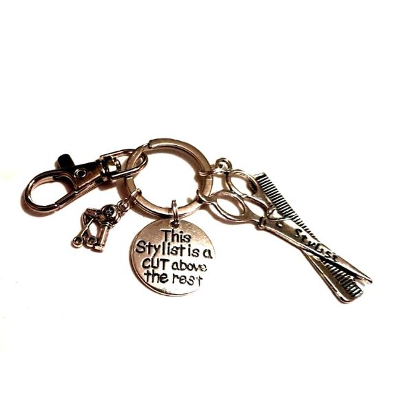 'This Stylist Is A Cut Above The Rest' Hairdresser Barber Stylist Keyring Keychain Bag Charm Dryer Sissors Hairdryer Comb