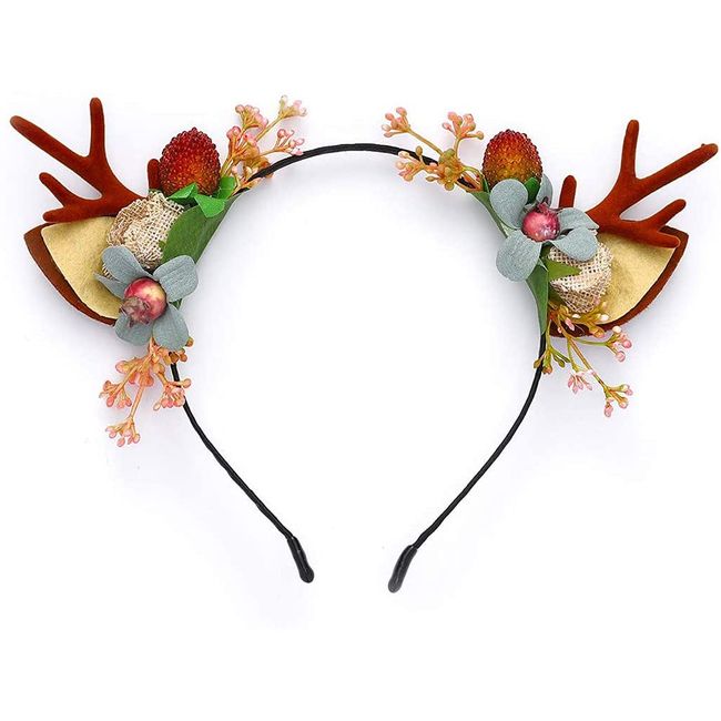 VASANA Weihnachten Rentier Geweih Stirnband Weihnachten Hirsch Blume Beere Krone Blumen-Haarband Halloween Xmas Cosplay Kostüm Haarschmuck für Weihnachten Party Gastgeschenk