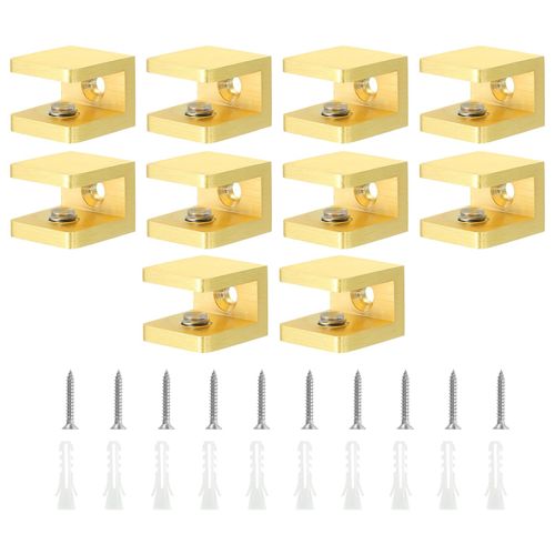 uxcell Glass Shelf Clamp, 10Pcs Brass Glass Clamp for 8-10mm Thick Glass, Adjustable Glass Shelf Bracket Support Holder, Gold