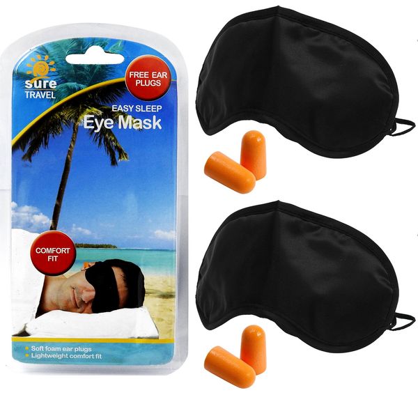 Sure Travel Comfort Sleeping Eye Mask Shade + Foam Noise Reducing Ear Plugs Single Set - 2 x Eye Mask + 2 x Pair Ear Plugs