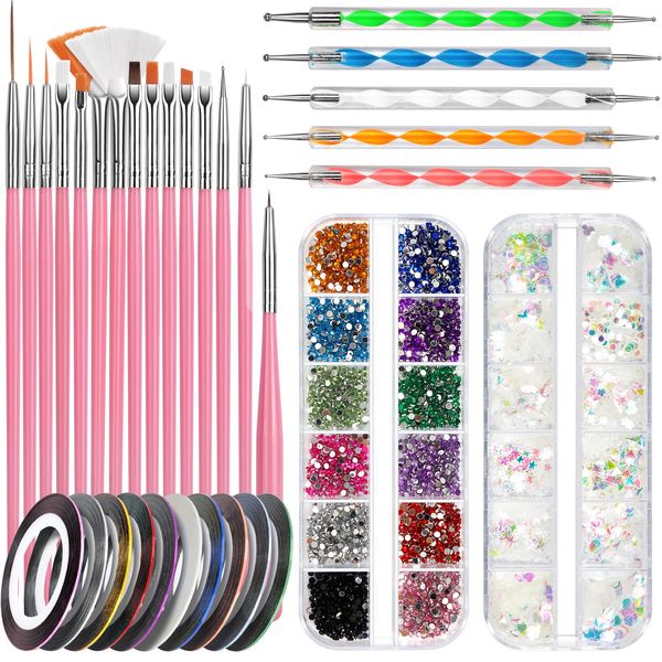 FANDAMEI Nail Starter Kit with Nail Gems - 15pcs Nail Pen Designer + 5pcs Dotting Tool + 10pcs Nail Striping Tape + 12 Boxes Nail Crystals + 12 Boxes Holographic Nail Sequins, Nail Art Brushes Set