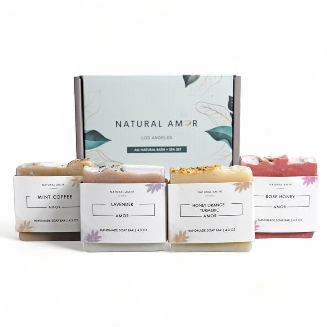 Natural Amor- Organic Handmade Soap Bar Set (4 Pack), Made with All Natural Ingredients, Essential Oils Scented Soap, Gentle Bars for Body & Face, Gift Set for Women & Men