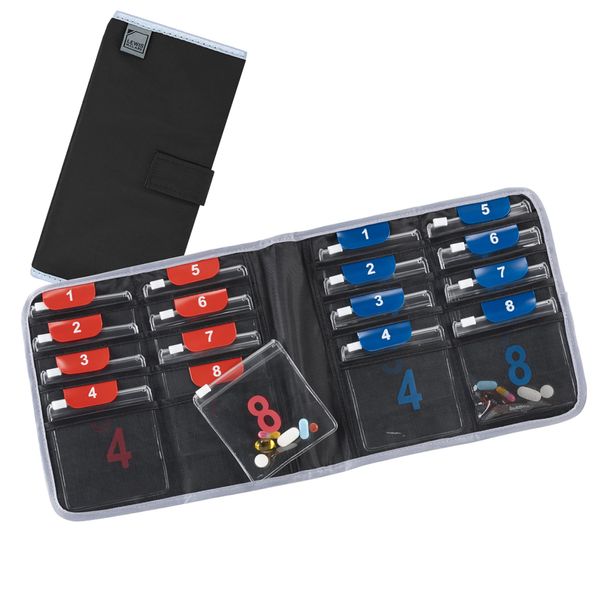 Lewis N. Clark Travel Pill Organizer | For Vitamins, Medication, Prescriptions, Or Medicine Storage | AM/PM Color Coded | 16 Slot Slimline Pouch | Black