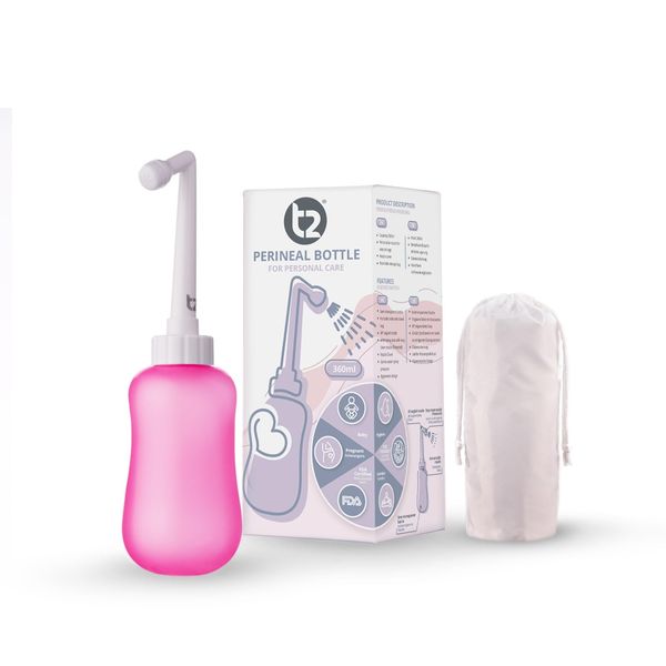 T2 Perineal Bottle - Portable Bidet for Postpartum Care, Perineal Pain Relief - 360ml Squeeze Bottle with 60° Nozzle & Washable Storage Bag - Hospital Bag Maternity Essential, Gift for Mum to Be